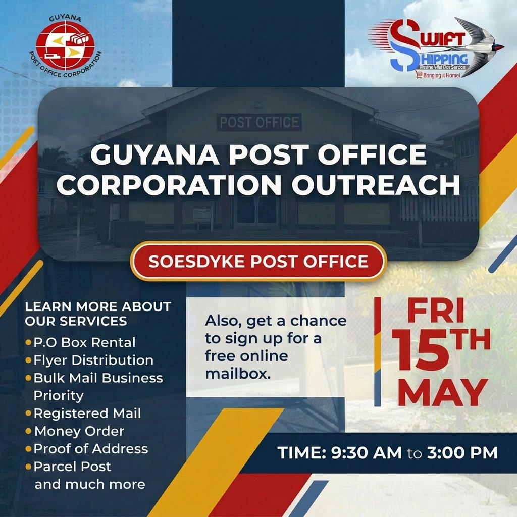 GuyanaPost's tweet photo. We’re coming to Soesdyke tomorrow!

Join the Guyana Post Office Corporation this Friday, May 15, 2026, at the Soesdyke Post Office as we bring our services closer to you.
Stop by and learn more about what we offer.

#GPOC #Soesdyke #GuyanaPostOffice #outreach https://t.co/R8BwdXFyiJ