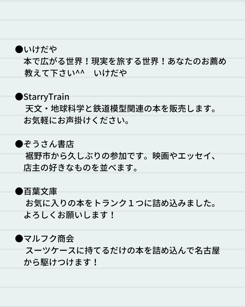 hitohakosiz's tweet photo. 【5/23  #しずおか一箱古本市 出店者のご紹介①】
水曜文庫  @suiyoubunko1 前
・いけだや
・StarryTrain
・ぞうさん書店
・百葉文庫
・マルフク商会
各店のコメントは画像にて
全33店紹介はこちら↓
https://t.co/w38tzTjUrL
#一箱古本市
#鷹匠　#駿府町 https://t.co/XRq9YFdt4U
