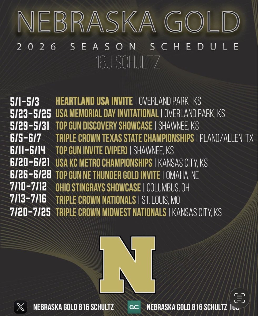 HaydenCPotts's tweet photo. Summer schedule dropped 💛🥎
Can’t wait to get back on the field with this group and compete all over the Midwest this summer. Let’s roll. #NebraskaGold816 #ClassOf2027 https://t.co/BvSJceUrW2