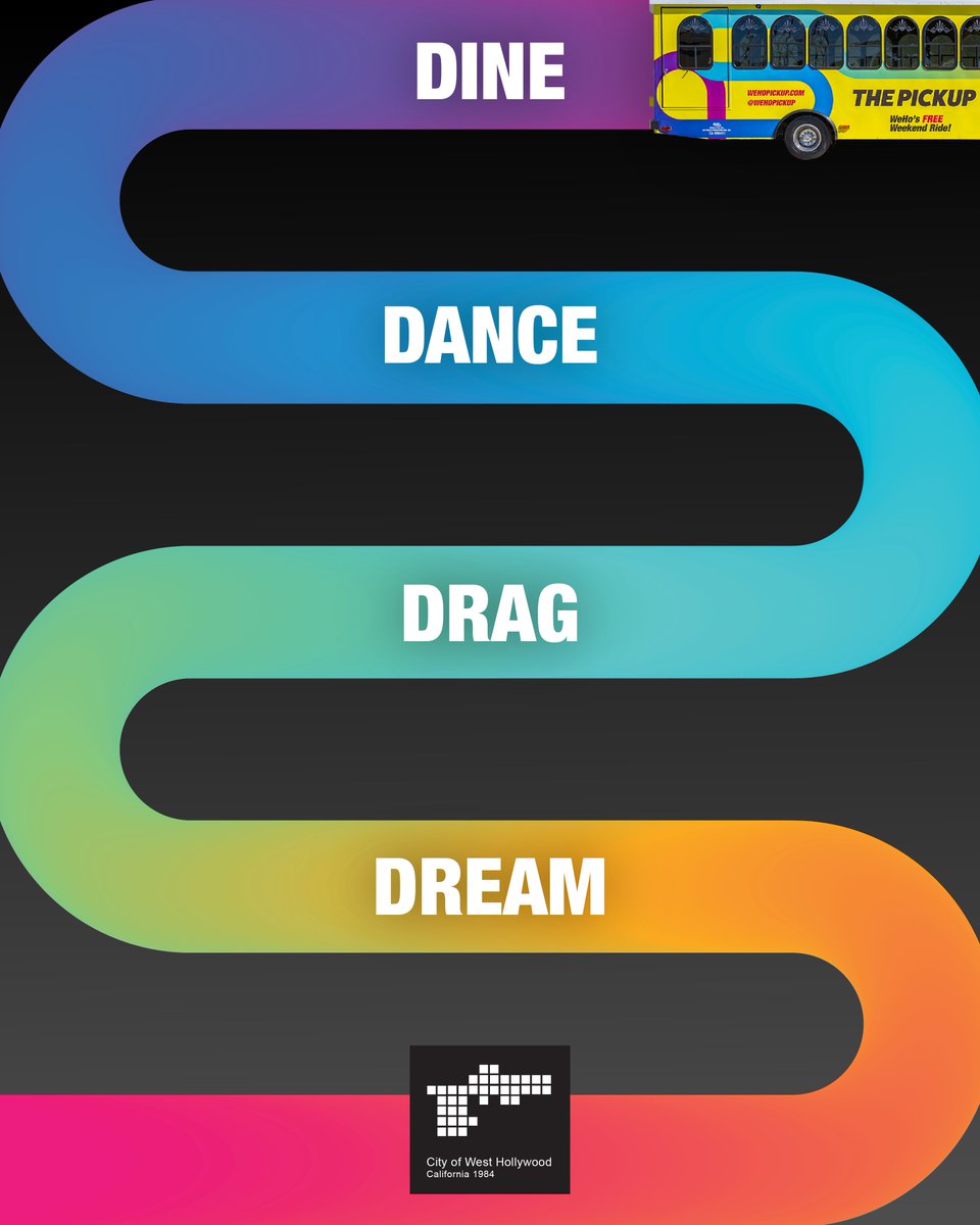 WeHoPickUp's tweet photo. Saturday night in the Heart of WeHo. 🏳️‍🌈
From Doheny to La Brea, the #WeHoPickUp is your bridge to every beat, every dance floor, and every drag show—we’ll see you at the stop! 💛

Hours:
Thu (Mar - Oct): 8 PM - 3 AM
Fri &amp; Sat: 8 PM - 3 AM
Sun: 2 PM - 10 PM
@WeHoCity https://t.co/XjSrYY0OJZ