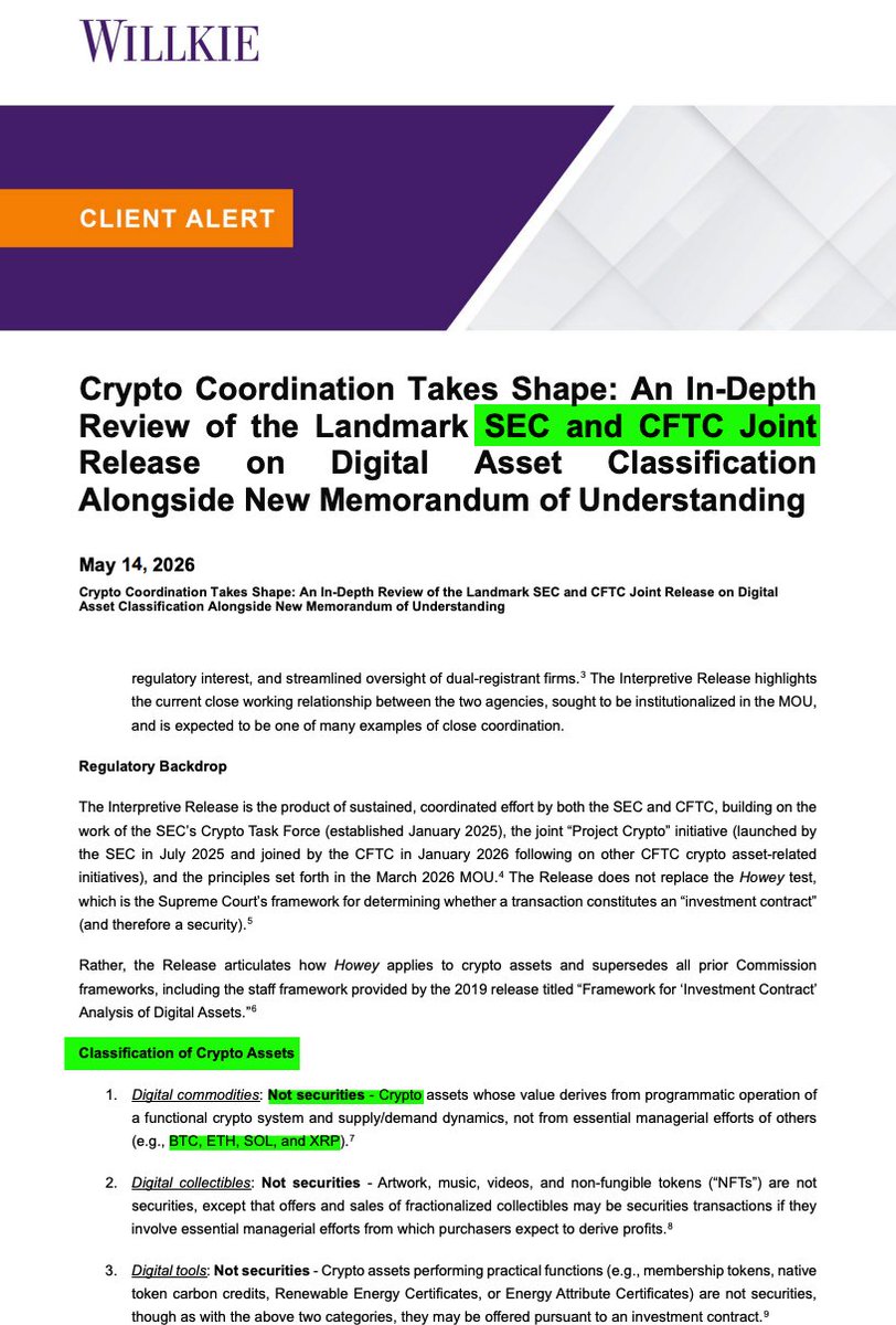 BankXRP's tweet photo. The "Rules of the Road" for crypto are officially here. 

The SEC and CFTC’s joint release supersedes years of fragmented guidance. A major highlight: 16 tokens including $BTC, $ETH, $SOL, and $XRP, are explicitly identified as "digital commodities."

In this in-depth review, Willkie Farr & Gallagher LLP attorneys J. Christopher Giancarlo, Justin L. Browder, and Kyle G. Gess break down what this landmark coordination means for the future of digital assets.

https://t.co/48pixw6uEs