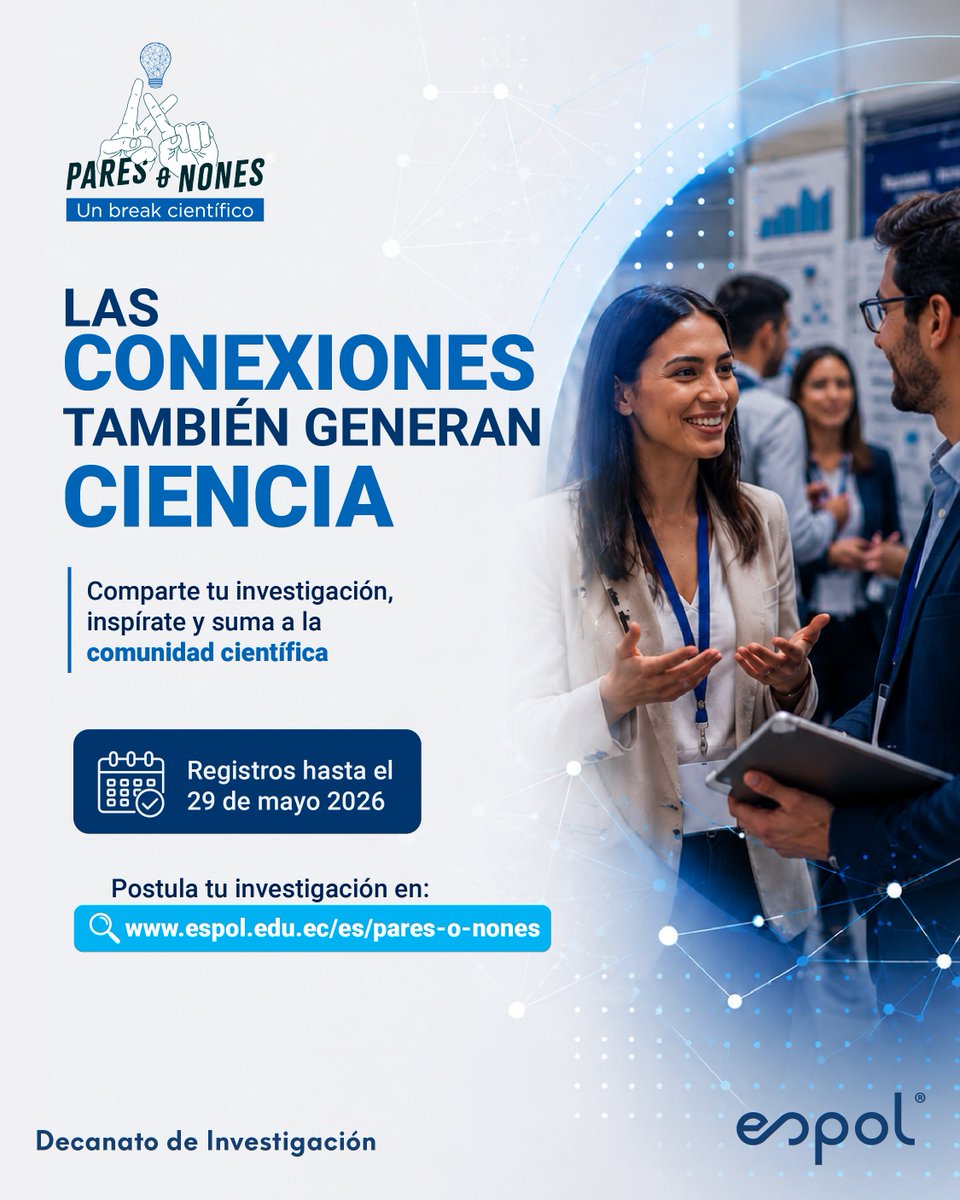 DEC_INV_ESPOL's tweet photo. Las mejores ideas también nacen de una conversación.
En #ParesoNones, tu investigación puede conectar con nuevas perspectivas, colaboraciones y oportunidades dentro de la comunidad científica 🤝.

🗓️Postula hasta el 29 de mayo
🌐 https://t.co/cQbpcyfGNY
#UnBreakCientífico https://t.co/ujYZGTsLaL