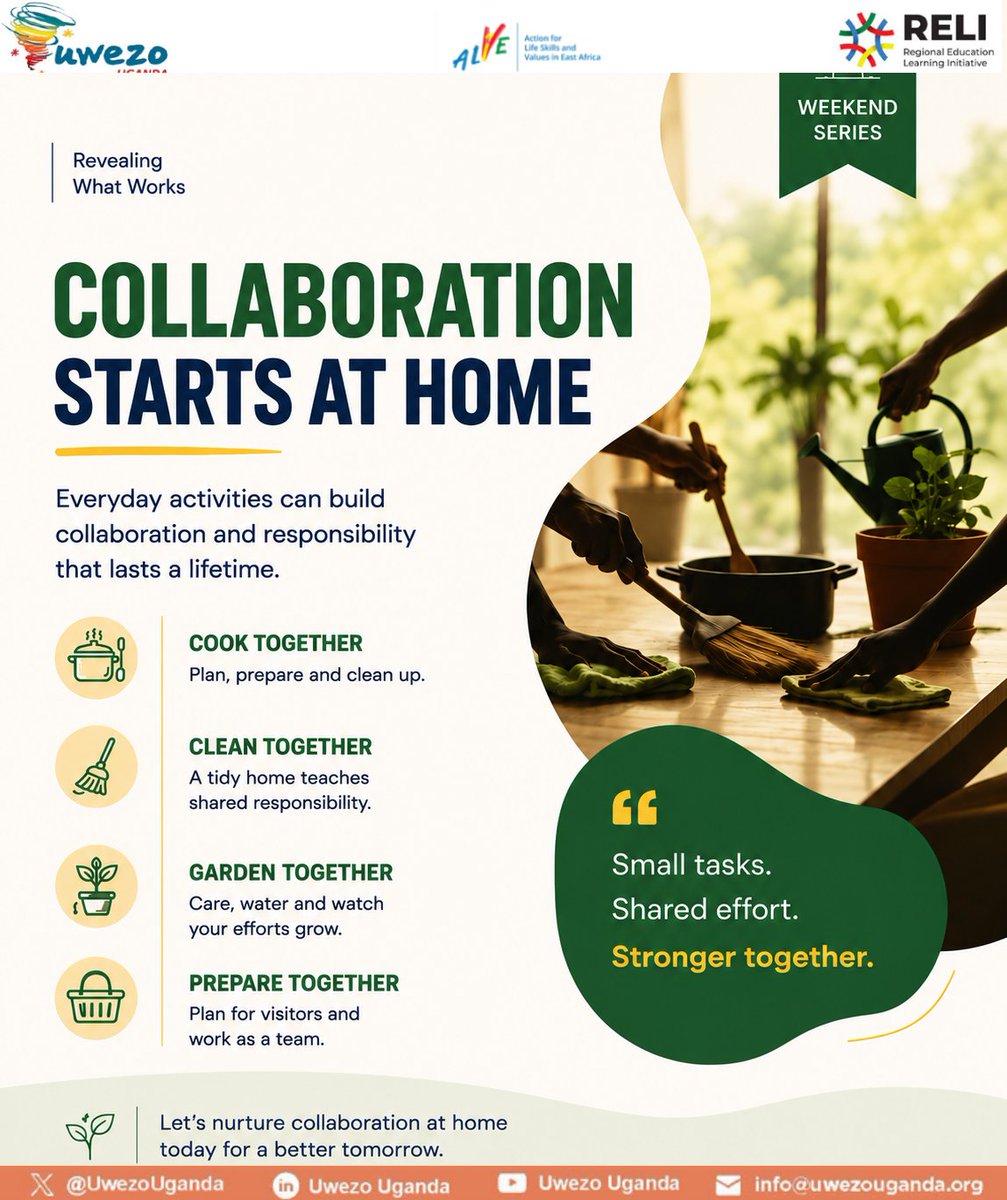 UwezoUganda's tweet photo. #LifeSkillsandValues Weekend Series: You don't have to learn teamwork only through sports. Simple things at home like cooking together, cleaning the yard, gardening, or getting ready for guests; can teach children to cooperate, be patient, and share responsibilities.

Which activities have helped your children/youth learn to work with others over the holiday?

#LifeSkillsandValues #LearningAtHome