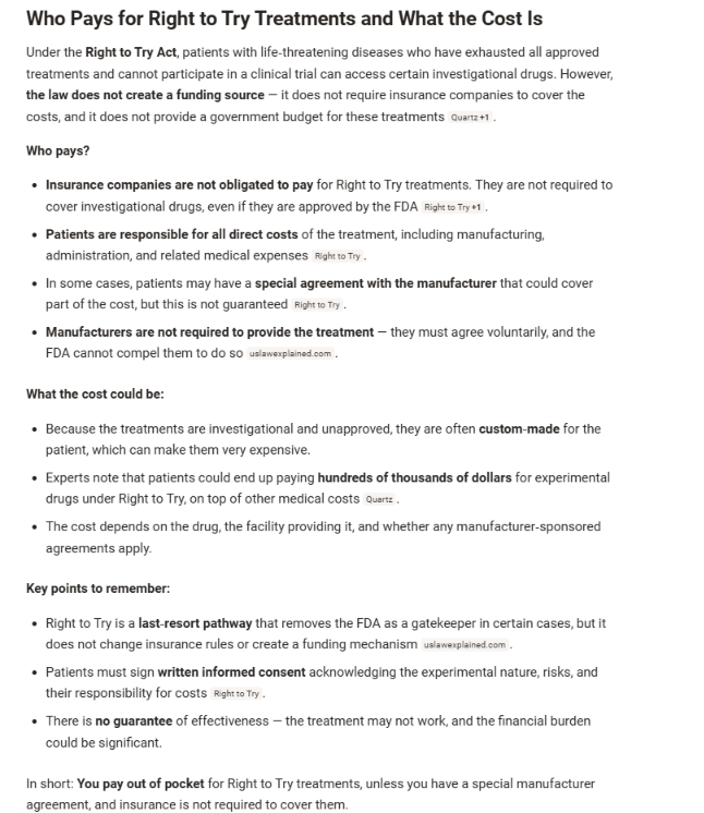 DesertDweller93's tweet photo. Anyone who suggests Right to Try might be a good step in the right direction for @uniQure_NV $QURE AMT130 and the HD Community need to understand what Right to Try means. Here is a very simplistic view of why it isn't a middle ground or a positive step forward.

Step 1: The company needs to provide the drug at their direct cost with zero markup or cost reimbursement towards the R&D when the drug was under development. In uniQure's case, they began developing this drug way over a decade ago and can't get reimbursed a nickel for those efforts under Right to Try? For a company like uniQure it is not feasible to ask them to provide the drug. What the hospital and all the related personnel are allowed to charge is anyone's guess but it won't be cheap.

Step 2: If we got past step 1, the higher hurdle to clear is payment. Under Right to Try, the patient is responsible for paying for the drug, not insurance, not Medicare or Medicaid but the patient. How many HD patients and their families could afford it? My guess is not many. 

While the Right to Try requires companies to offer the treatment at their direct cost, what would that be for a treatment that requires a 12-hour brain surgery? Even only using direct costs, the cost to the patient would be at least $500,000 imo. That would put the treatment out of reach of almost every HD patient.

The only sensible solution is to dust off those minutes of the 3 Type B meetings held with qualified people at the FDA who agreed after months and years of meetings and reviews, who thought AMT130 qualified for a filing under AA pathway. With that alignment, the FDA could approve it which would then get the treatment to way more patients. Work would not be over after approval because then uniQure would need to get the drug on every payers' formulary and this is something they have already been proactively working towards.

Let's hope those responsible for giving patients real access to treatment and the hope that goes along with it, get it done expeditiously. Time is of the essence for those with the gene. Everyone needs to keep up the pressure to DO THE RIGHT THING and allow for BLA filing so a real review and hoped for approval can be done.

@SenRonJohnson
@SenRickScott
@RepAuchincloss
@houmanhemmati
@adamfeuerstein
@armstrongdrew
@l_e_whyte
@temple_west
@laurencurehd
@JRenz0418
@rachelreising96
@BeckyQuick
@davidfaber
@AllysiaFinley
@MariaBartiromo
@bradloncar
@docrodwong
@LuckyPenguin10
@POTUS
@SenateAging
@SenBillCassidy
@SenRandPaul
@WhiteHouse
@SusieWiles
@StevenCheung47
@StevenCheung
@Scavino47
@PressSec
@SecKennedy
@MariaBartiromo
@RickSantorum
@FoxNews
@bariweiss
@60Minutes
@CNBC
@WSJopinion
@WSJ
@statnews
@BillAckman
@Loftus
@MartinShkreli