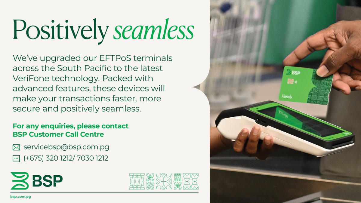 BSPPacific's tweet photo. BSP PNG| Our EFTPoS offers fast and secure payment solutions for both merchants and customers to enjoy a secure, reliable payment solution.

With upgraded technology and enhanced security features, our EFTPoS allows you to pay with confidence. We accept all cards across our 10,000 EFTPoS terminals across PNG and the South Pacific.