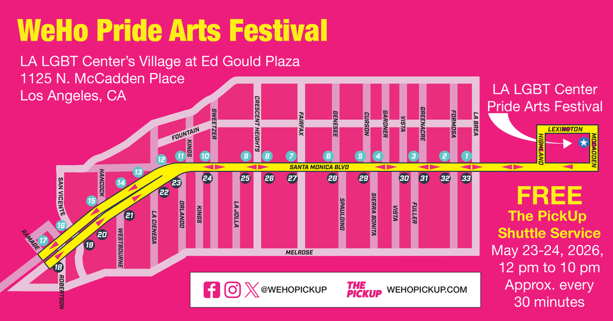 WeHoPickUp's tweet photo. Don’t forget! WeHo Pride Arts Festival is tomorrow and Sunday!🌈🙌

The PickUp will be running a special route and hours: 12 PM - 10 PM (stops approx. every 30 minutes)

Regular service hours after 10PM.

@WeHoCity  @LALGBTCenter https://t.co/ZssA6tHNnk