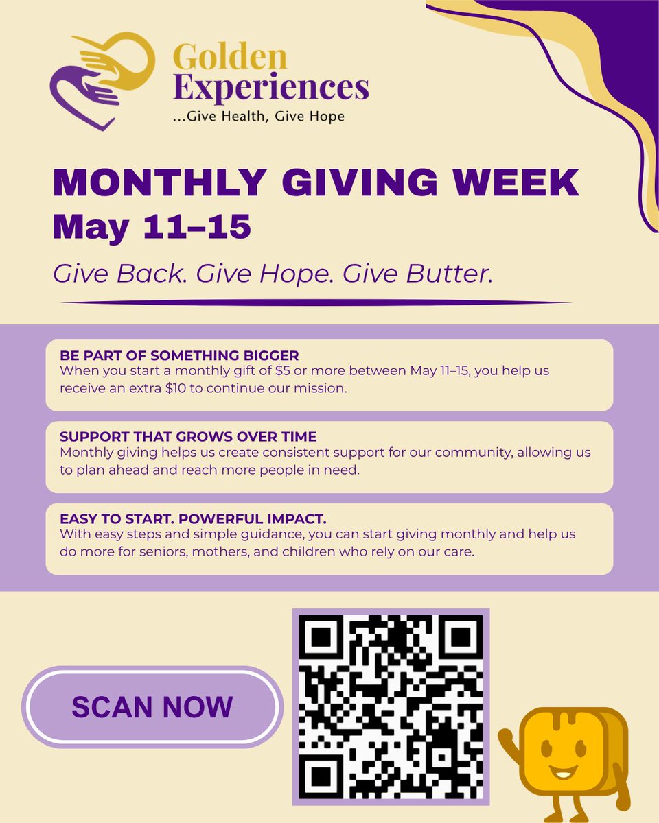 GoldenExp_Inc's tweet photo. 💛 Kindly consider supporting the mission of Golden Experiences as a recurring monthly donor starting today

📅 May 11–15
👨‍👩‍👧 Support seniors, mothers, and children

👉 https://t.co/6kxacOdRiU

#GoldenExperiences #GiveHope #MonthlyGiving #Impact https://t.co/QQy4Is7yXi
