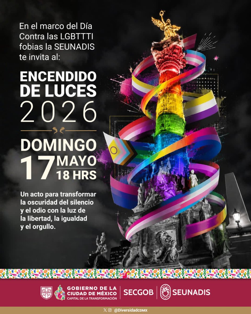 DiversidadCDMX's tweet photo. Este 17 de mayo la CDMX enciende sus colores ❤️🧡💛💚💙💜 para todes nosotrxs.
El Ángel de la Independencia se viste de orgullo en el marco del Día Internacional Contra la Homofobia, Bifobia y Transfobia… ¡y no puedes faltar!
📍 Ángel de la Independencia
🗓️ 17 de mayo | 18 hrs https://t.co/8B6UmlDc6u