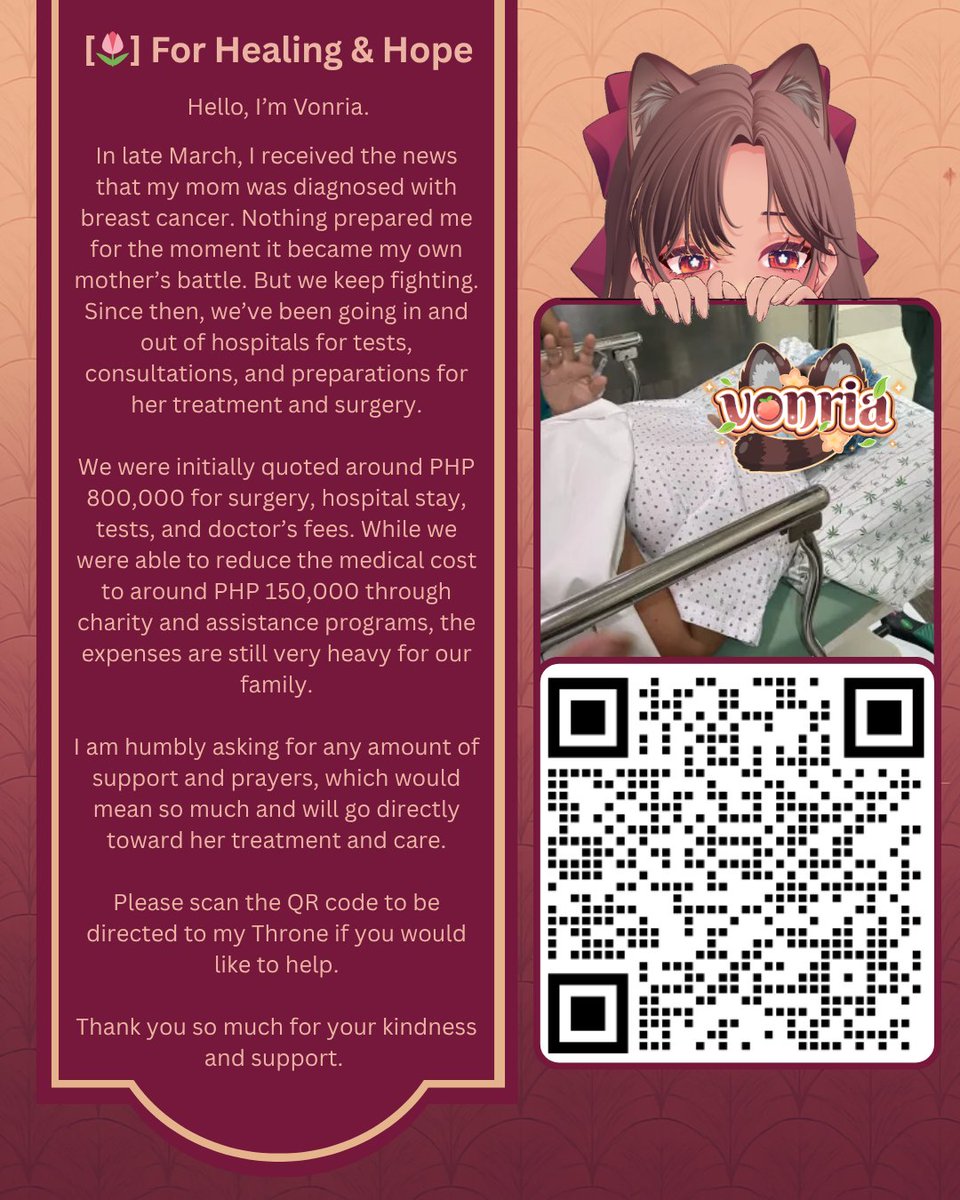 itsvonria's tweet photo. [🌷] For Healing &amp; Hope  

Currently raising funds to help support my mom’s breast cancer treatment and surgery. Any kindness, support, or RT truly mean so much. 💛

🔗: https://t.co/TBMVs6Cxpe 

✧ #ENVTuber ✧ #SmallStreamer ✧ #Throne ✧ #BreastCancerAwareness https://t.co/SK59yo7c76