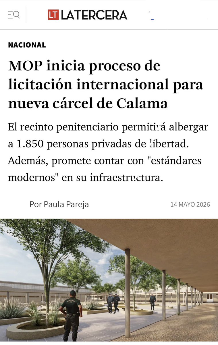 martinarrau's tweet photo. Hoy dimos un paso concreto para enfrentar la emergencia de seguridad que vive Chile.

Desde el MOP llamamos a licitación el nuevo Establecimiento Penitenciario de Calama: una obra de más de 70 mil m², una inversión superior a UF 8,6 millones y capacidad para 1.850 personas privadas de libertad.

No es una obra aislada. Es parte de una respuesta país para recuperar capacidad penitenciaria, incorporar mejor infraestructura, tecnología de vigilancia y estándares modernos de operación.

Desde el MOP, en coordinación con el Ministerio de Justicia, estamos poniendo la infraestructura al servicio de una prioridad nacional: mejores herramientas para enfrentar el delito y fortalecer la seguridad de las familias.