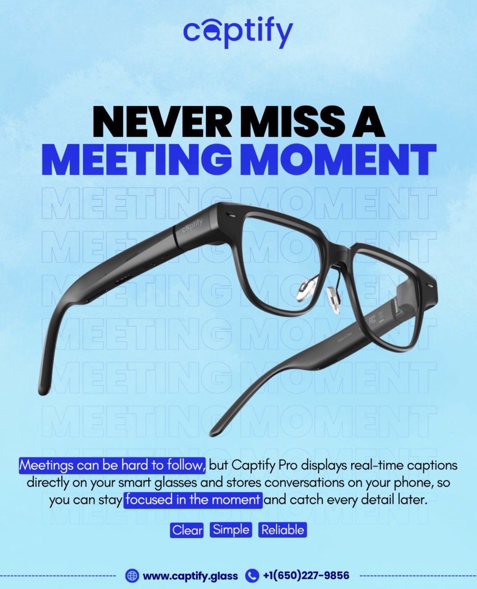 CaptifyGlass's tweet photo. Important conversations should never feel out of reach.

Captify Pro helps you stay fully engaged during meetings with real time captions displayed directly on your smart glasses. Conversations are also saved to your phone, making it easy to review every important detail later. https://t.co/I1DcJH1ifh