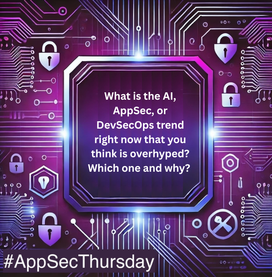 shehackspurple's tweet photo. What is the AI, AppSec, or DevSecOps trend right now that you think is overhyped? Which one and why?
#AppSecThursday #talkAppSectome https://t.co/JlgKoVFrWy