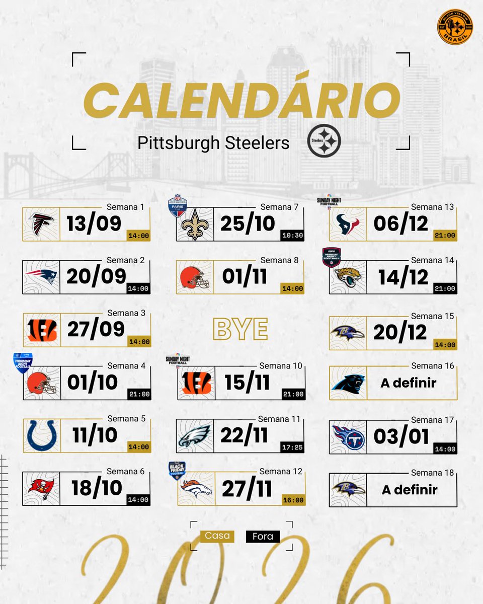 blackyellowbr's tweet photo. 🗓️| O calendário oficial do Steelers na temporada 2026/27 está entre nós!

Depois de muitas especulações nos últimos dias, finalmente temos a confirmação então já salva o post, tira print e anota na agenda! https://t.co/vqmw99H6XP