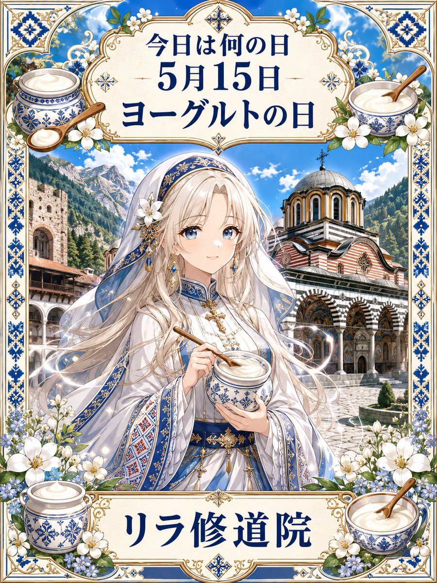 junworldheritag's tweet photo. おはようございます🥣✨
今日は何の日？

5月15日はヨーグルトの日

世界遺産キャラクター図鑑
リラ修道院
― 白き乳香を���りに変える、発酵の聖女

所属国：ブルガリア
登録年：1983年
種別：文化遺産
UNESCO No.：216

白い恵みは、静かな祈りのように満ちていく。
発酵の知恵は、今日も命をやさしく整える。

#世界遺産 #AIart #今日は何の日