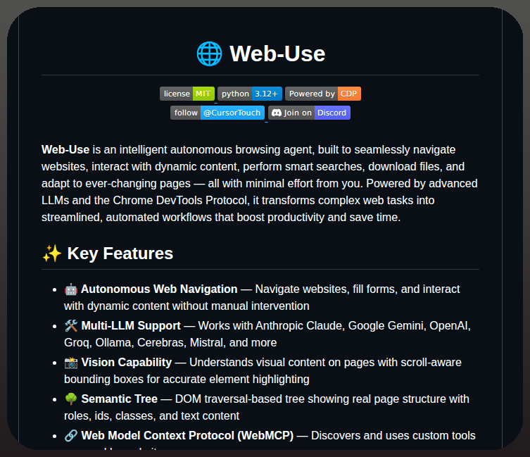 Web-Use README screenshot listing autonomous navigation, multi-LLM support, vision, semantic tree, and WebMCP as core browser-agent features