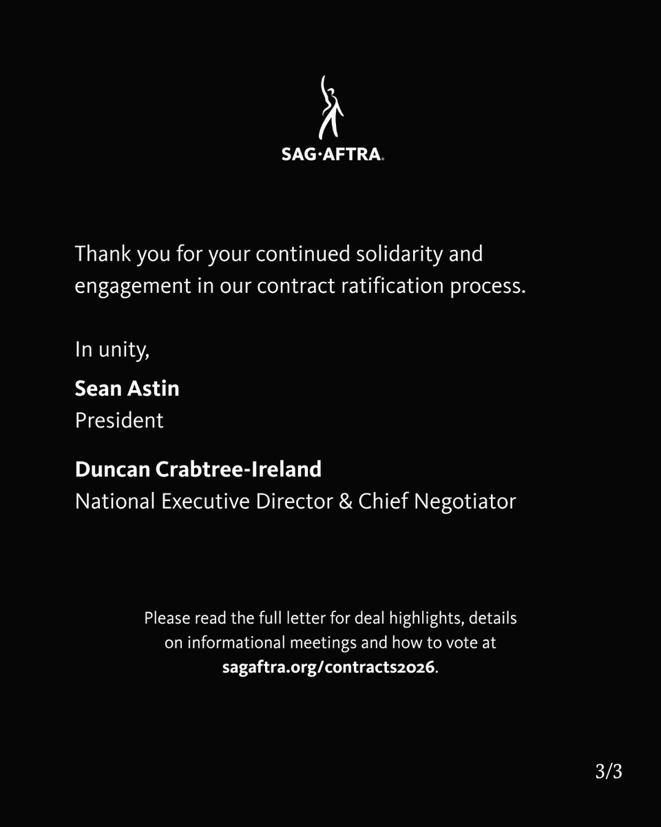 sagaftra's tweet photo. A Message From Your President &amp; Chief Negotiator

#SeanAstin @DuncanCI 

Please read the full letter for deal highlights, details on informational meetings and how to vote at https://t.co/mUQDaQmlY5. https://t.co/OlQybNvy2p