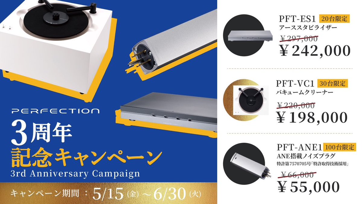 Perfection1959's tweet photo. 【キャンペーン情報】
3周年を迎えるにあたり感謝の意を込めて台数限定ではありますが、お得なキャンペーンを開催いたします！
この機会に是非PERFECTION製品をご検討いただけますと幸いです！

本日〜6/30まで
※予定台数が無くなり次第終了となります

#PERFECTION  #パーフェクション  #完実電気 https://t.co/D3JmeFhlnI