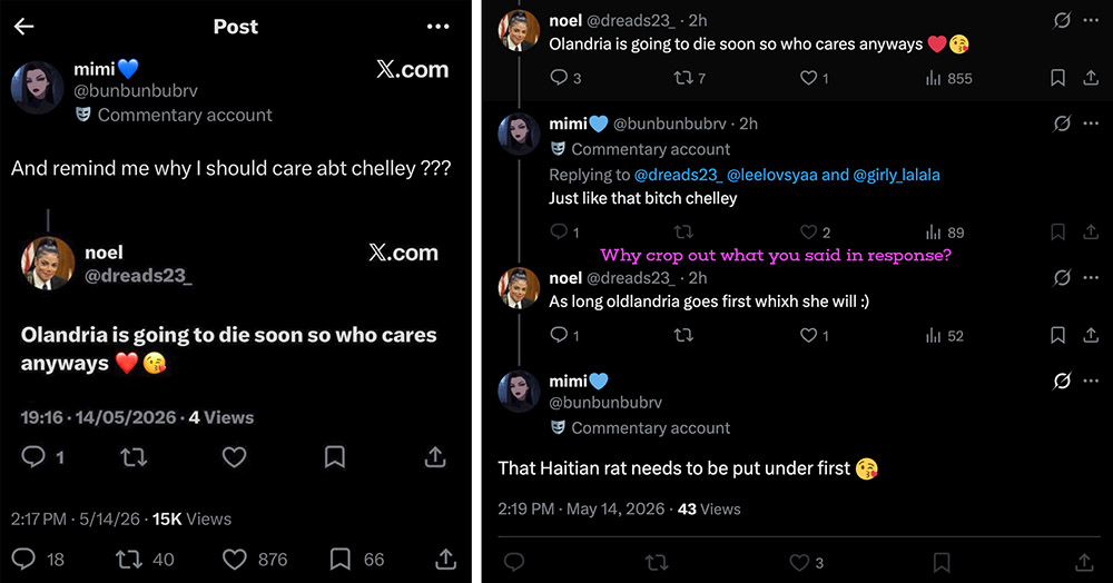 charmbrxcelet's tweet photo. THREAD: @kordenas (Niah) and her set-up accounts that she uses to post hate and threats towards Olandria, to make it look like a Chelley fan.

#1 @dreads23_ (Noel) who doesn’t follow any Chelley fanpages or Cherries 🚩 has a ton of new reposts to make it hard to scroll back and see their old reposts 🚩 and they also follow Olandria 🚩

But what convinced me it was a set-up was finding someone replying to an old @kordenas tweet about Ola's parents, and @dreads23_ is in the mentioned users. This happens when you are replying to a repost. Meaning, Noel reposted Niah's post complimenting Ola's parents back in November. 

Please note how both Niah & Noel live in Canada. ⬇️