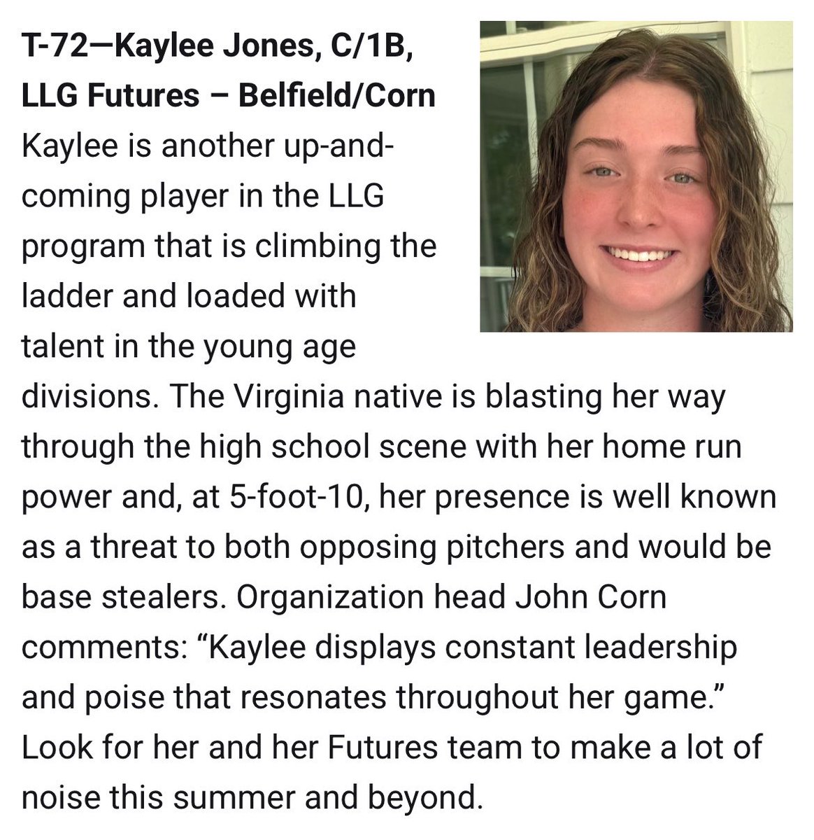 KayleeJones2029's tweet photo. Thank you to Line Drive Media for recognizing me and ranking me #72 in the country for the Class of 2029. Grateful for the recognition and excited to keep working hard and getting better every day! 
@LLG_FUTURES @sbcoachbelfield @LineDsoftball @CoachPick3 @LLGCOACH 
@Org_LLG https://t.co/xWUYkLcj0U