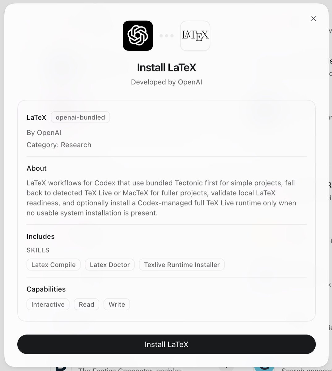 h_okumura's tweet photo. Codexに「LaTeX」プラグインが加わった。まず同梱のTectonicを試し、それでうまくいかなければ検出されたTeX Live/MacTeXを使うのか https://t.co/ERLhjrKt72
