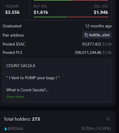 CountSacula369's tweet photo. 3.55K Volume 👀👀👀
Up To 273 Holders 📈📈📈
$SAC 
Ca;
0xA8D8e97C38F57A9D5Bf439E2403C64d2e67DFDC1 https://t.co/RnybLSbSKu