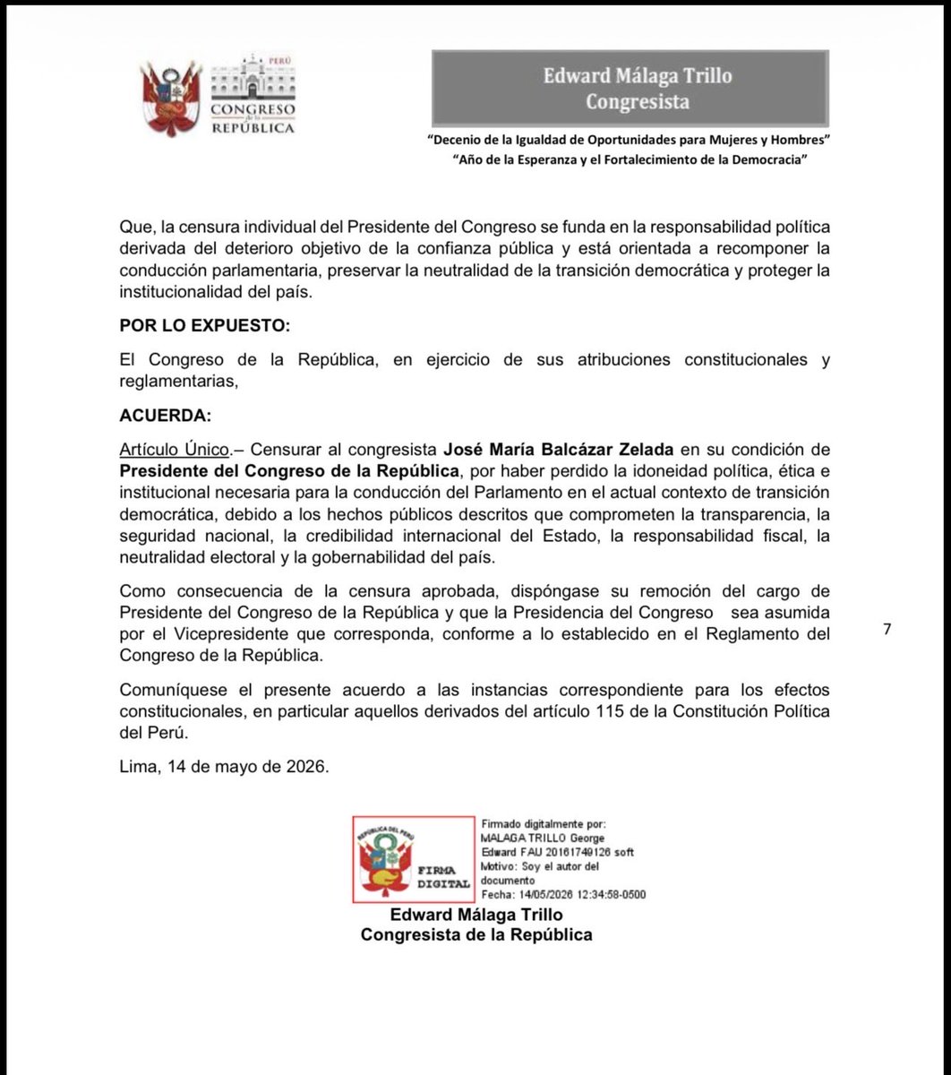 Jimmychinchay's tweet photo. Congresista Edward Málaga promueve moción de censura contra presidente José Balcázar @canalN_ https://t.co/DHxVx2ihrx