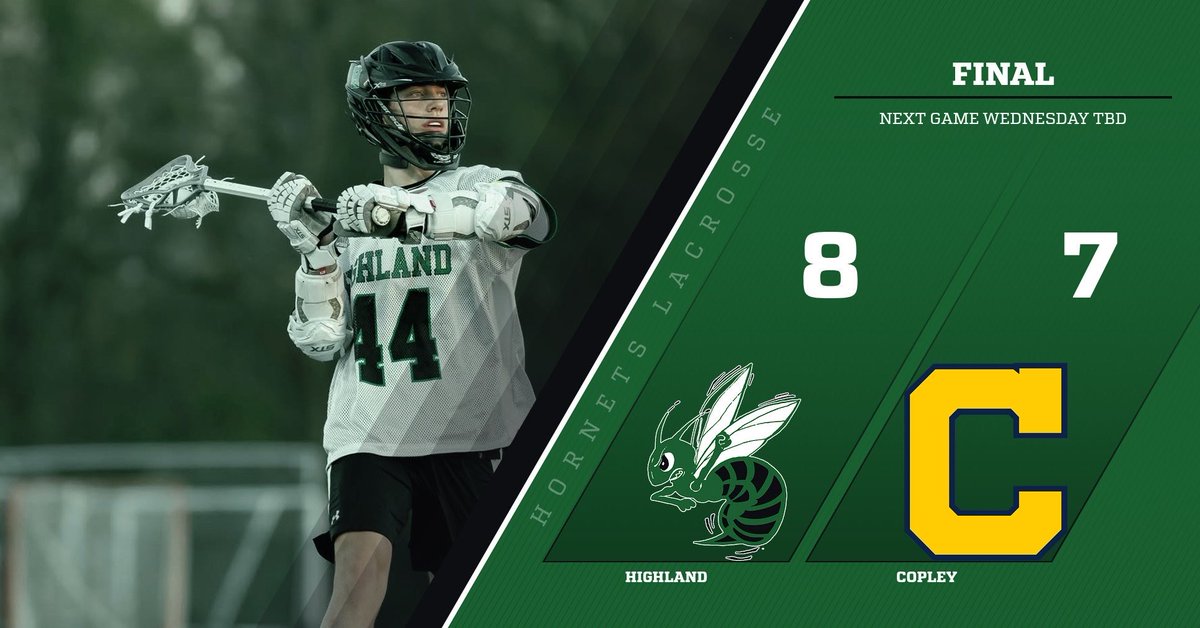 Lax_Highland's tweet photo. Final from Copley 

Beckett Mast scores a man up goal with 10 seconds left off a feed from Eli Howard

Next Game is Wednesday vs the winner of Holy Name &amp; Avon Lake https://t.co/JO50yxrFdN