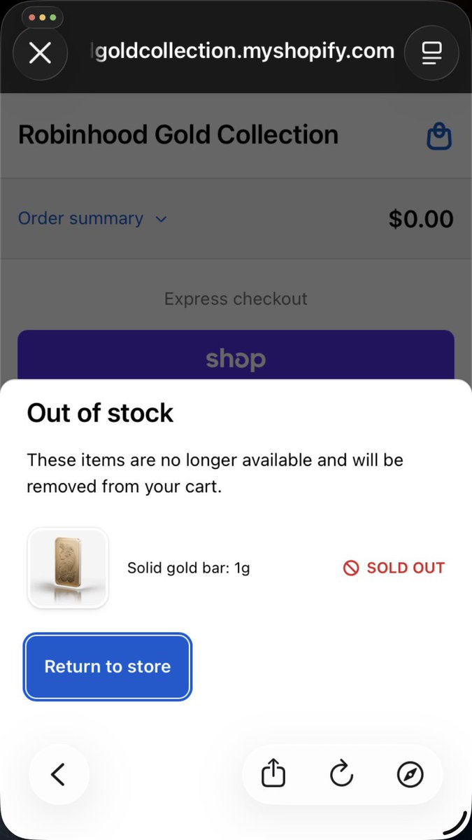 chemicalmeme's tweet photo. #Robinhood Goldbar fail, item in cart waiting to check out to out of stock sold out. Bamboozled. https://t.co/ayfia385cu