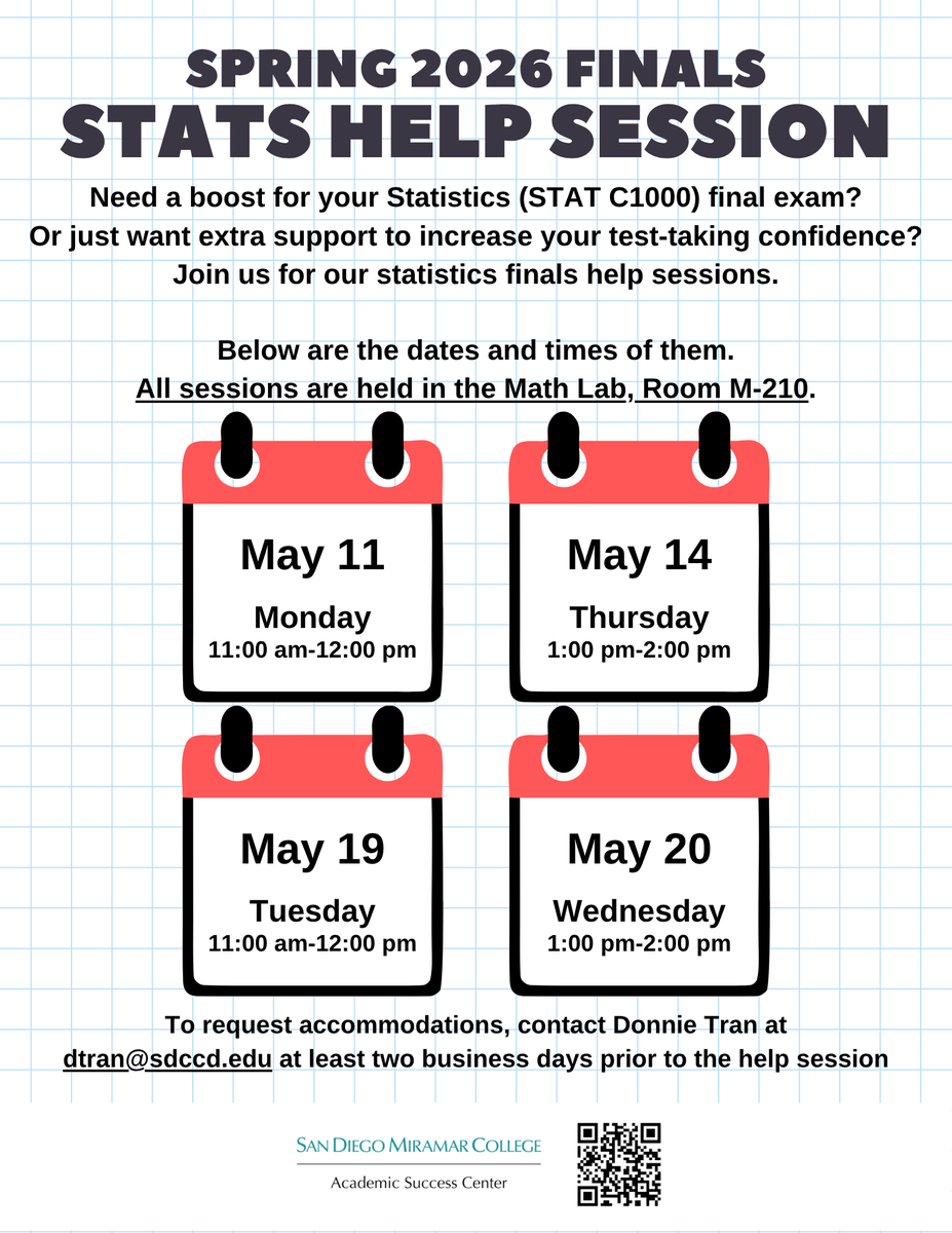 MiramarASC's tweet photo. Taking MATH 116. MATH 150, or STAT C1000?
The Math Lab will be holding more MATH 116, MATH 150, and STAT C1000 Finals Help Sessions next week!

Join us for our finals help sessions. https://t.co/XKBwsgC5ht