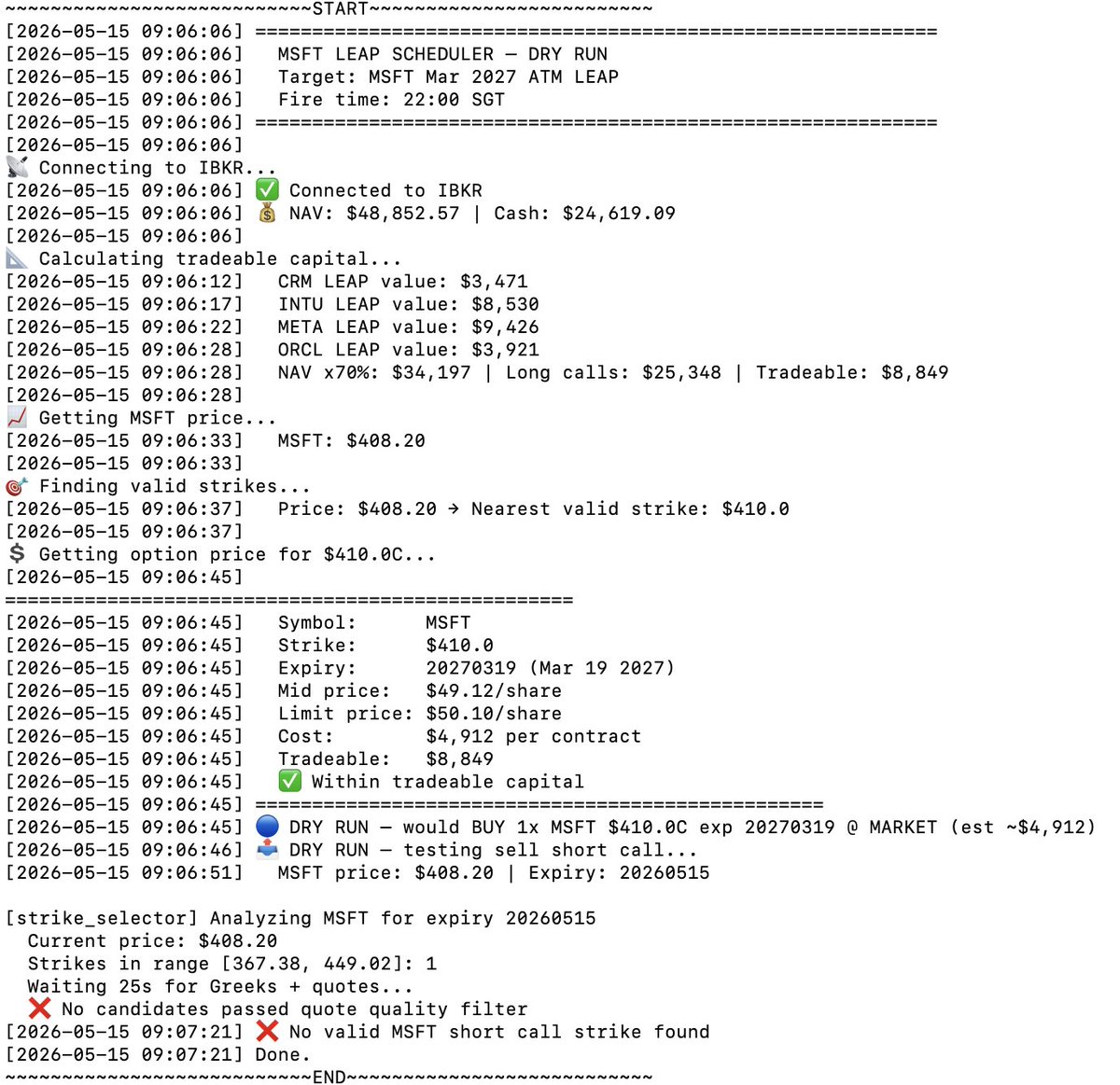 TradeSimpleBot's tweet photo. Day#47 | Post#1

Last night: MSFT LEAP timed out. ❌
Tonight: Fixed + redeployed. 🔧

→ Market order (guaranteed fill)
→ 22:30 SGT fire time
→ Auto short call after

Back at it. 🤖

@TradeSimpleBot
#buildinpublic #algotrading https://t.co/cpLbfKeEuZ