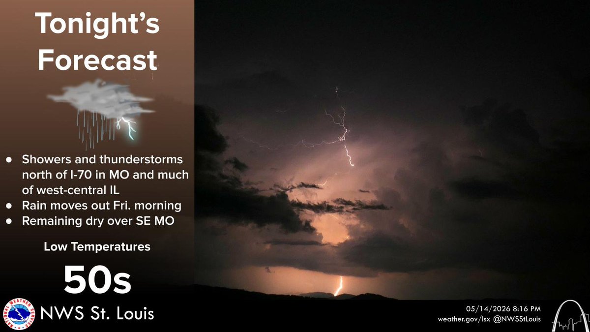 NWSStLouis's tweet photo. Showers/thunderstorms are expected over parts of the area tonight. While a few thunderstorms could be strong, severe potential remains low and will continue to be monitored. #mowx #ilwx #stlwx https://t.co/8X2VsEIZrI