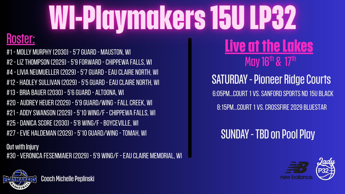 WIPlaymkrs16U's tweet photo. ➡️Another opportunity this weekend! 
Live at the Lakes - 2029 Silver Division 
@livianeumueller 
@AudreyHeuer3 
@hadleysullivan_ 
@briabauer (2030)
@mollymurphy2030 (2030)
@AddySbball29 
Evie Haldeman
Danica Score (2030)
Liz Thompson

*Veronica Fesenmaier (out w/injury) https://t.co/KCVoLRXXPg
