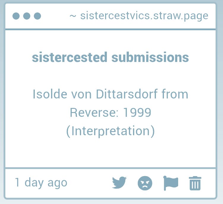 SisterVics's tweet photo. Isolde von Dittarsdorf - Reverse: 1999 (interpretation) https://t.co/2FIsBDh6Za