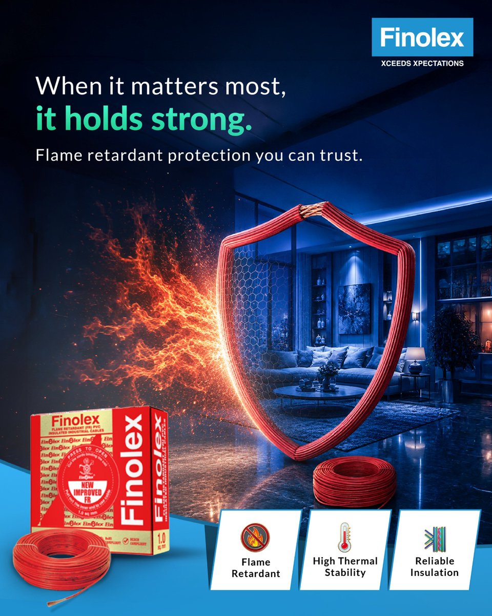 FinolexCables's tweet photo. Because every safe home
deserves reliable protection.

Finolex Flame Retardant House Wires ⚡🔥
Built to resist heat and protect what matters most.

https://t.co/t3w1TqZHZy

#Finolex #FlameRetardantWires https://t.co/v0yOSYlQOg