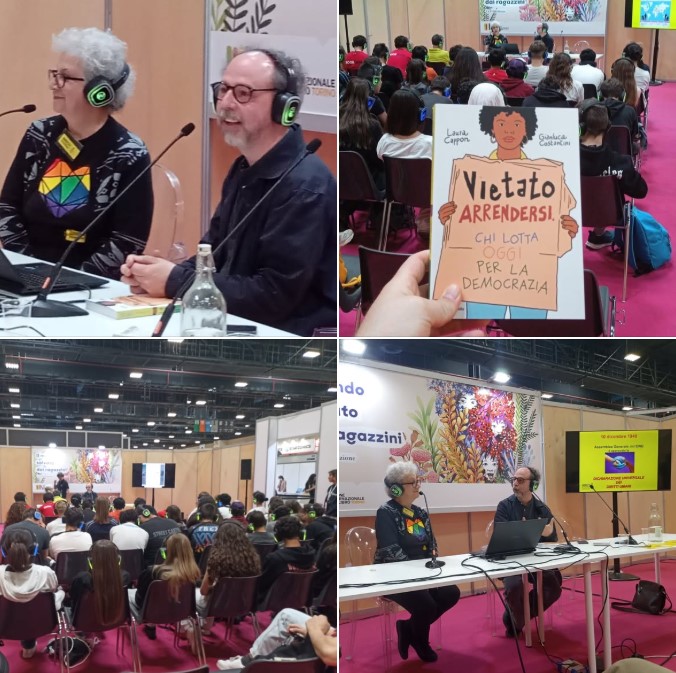AmnestyPiemonte's tweet photo. Ieri, giovedì 14 maggio al Salone Internazionale del Libro di #Torino
Presentazione di:
VIETATO ARRENDERSI - Chi lotta oggi per la democrazia
Libro illustrato di Gianluca Costantini con testi di Laura Cappon
Con @channeldraw e Angela Vitale di @amnestyitalia https://t.co/LvNw22Bk8N