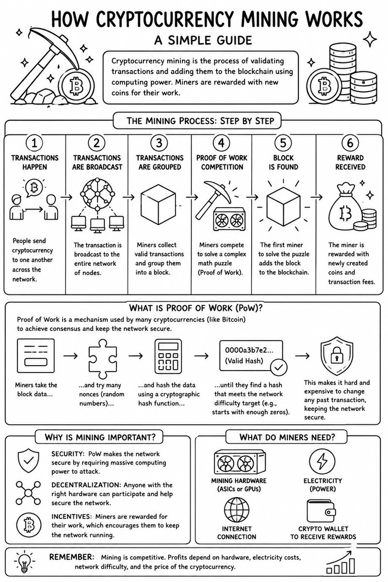 Usmaangani252's tweet photo. 2026 feels like the early Bitcoin era again.

People are discovering browser mining, terminal mining, Proof of Work, GPU compute, decentralized networks.

Projects like $Rpow, $Hash mining,
AI-powered mining protocols are bringing back the culture of:

• running nodes
• mining from your own device
• earning from compute

But many newcomers still don’t understand:
What is blockchain?
How does mining work?
What is Proof of Work?

So I made a simple infographic explaining the basics of crypto mining and how PoW secures decentralized networks.

The new mining era is here again ⚡