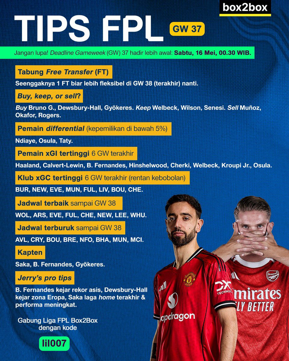 Box2BoxBola's tweet photo. TIPS FPL GW37! ๐ซต๐ป๐ฅ๐ฏ
TINGGAL 2 GAMEWEEK LAGI, AYO PUSH MENUJU POIN SEMPURNA! ๐คช
#b2bfpl https://t.co/M0VLX3Iu8u