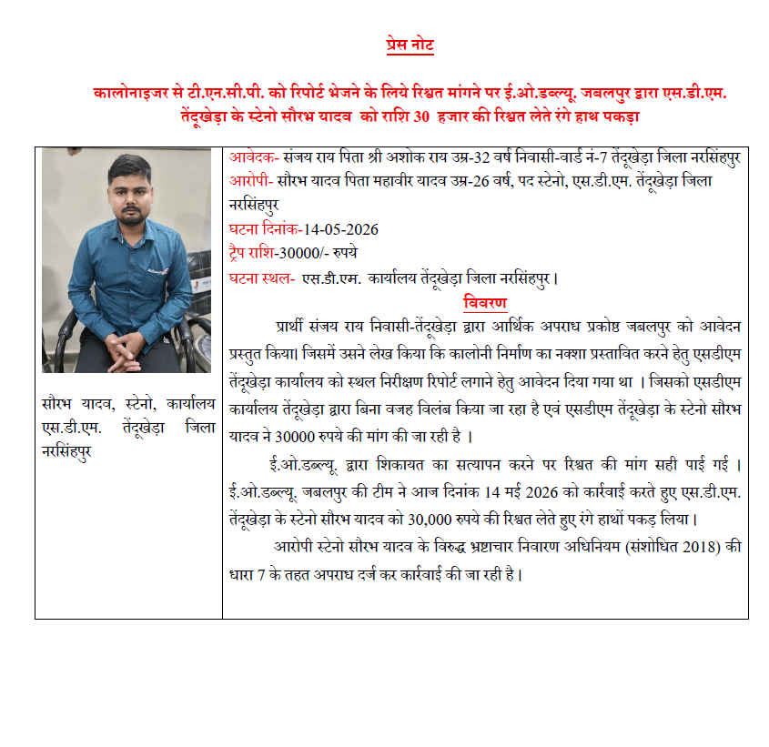 Eow_MP's tweet photo. कालोनाइजर से टी.एन.सी.पी. को रिपोर्ट भेजने के लिये रिश्वत मांगने पर ई.ओ.डब्ल्यू. जबलपुर द्वारा एस.डी.एम. तेंदूखेड़ा के स्टेनो सौरभ यादव  को राशि 30  हजार की रिश्वत लेते रंगे हाथ पकड़ा। https://t.co/uPYgmDXZCT