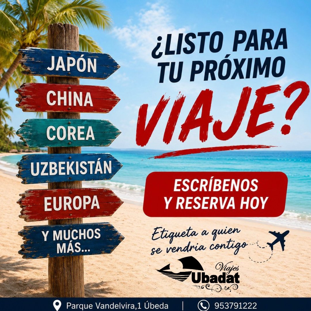 ubadat_viajes's tweet photo. 🌍✨ ESTE VERANO, EL MUNDO TE ESPERA 
🔥 Hasta 500€ de descuento
✈️ Más de 340 programas
🇯🇵 Japón 🇨🇳 China 🇰🇷 Corea 🇺🇿 Uzbekistán 🌍 Europa
✅ Salidas garantizadas
📅 Reserva antes del 31 de mayo
💛 Reserva ya en Ubadat Viajes.
📍 Parque Vandelvira, 1 (Úbeda)
☎️ 953 791 222 https://t.co/8bMVBnydRN