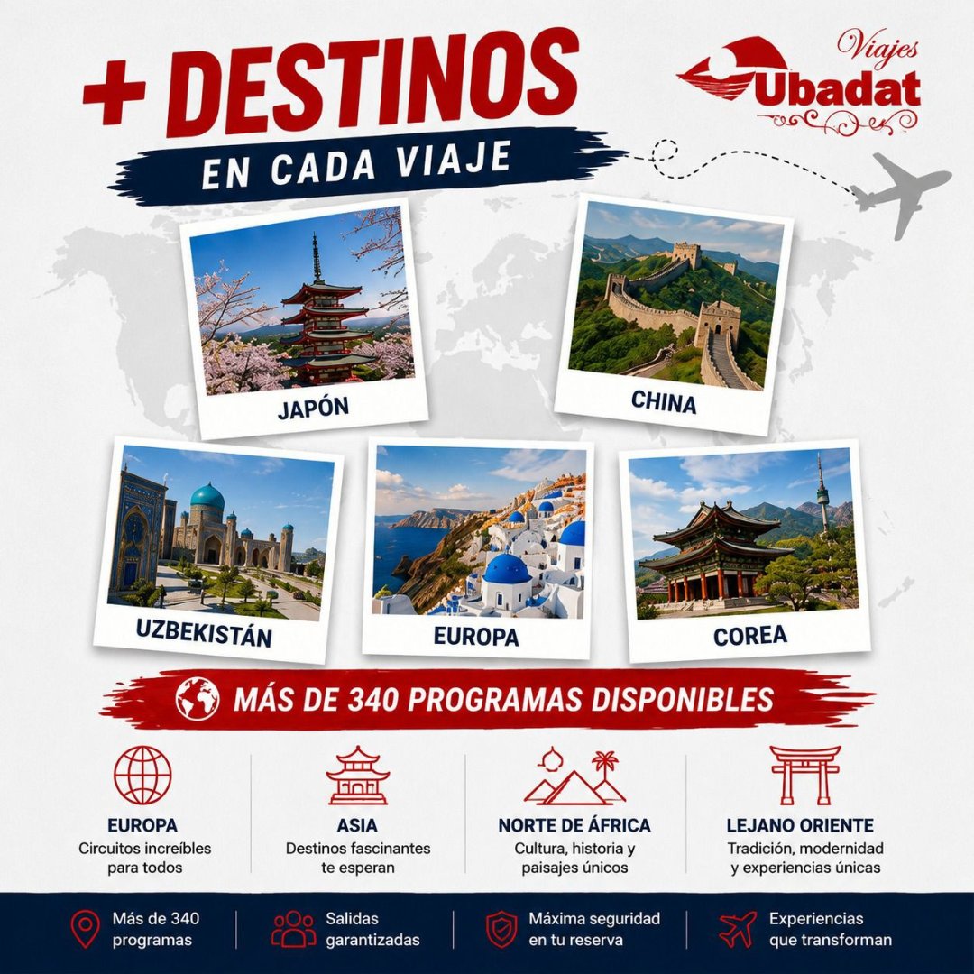 ubadat_viajes's tweet photo. 🌍✨ ESTE VERANO, EL MUNDO TE ESPERA 
🔥 Hasta 500€ de descuento
✈️ Más de 340 programas
🇯🇵 Japón 🇨🇳 China 🇰🇷 Corea 🇺🇿 Uzbekistán 🌍 Europa
✅ Salidas garantizadas
📅 Reserva antes del 31 de mayo
💛 Reserva ya en Ubadat Viajes.
📍 Parque Vandelvira, 1 (Úbeda)
☎️ 953 791 222 https://t.co/8bMVBnydRN