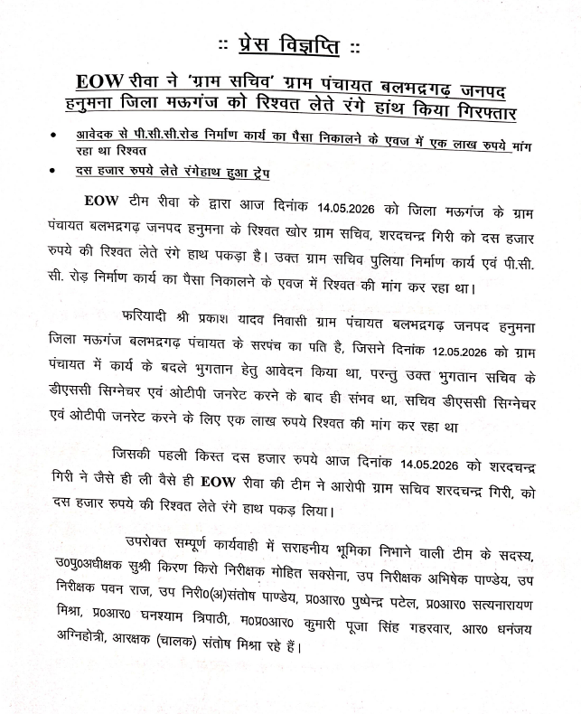 Eow_MP's tweet photo. EOW रीवा द्वारा ग्राम सचिव, ग्राम पंचायत बलभद्रगढ जनपद हनुमना,  जिला मउगंज को दस हजार रूपये की रिश्‍वत लेते रंगे हाथों गिरफ्तार किया गया। https://t.co/GrfEes8ljl