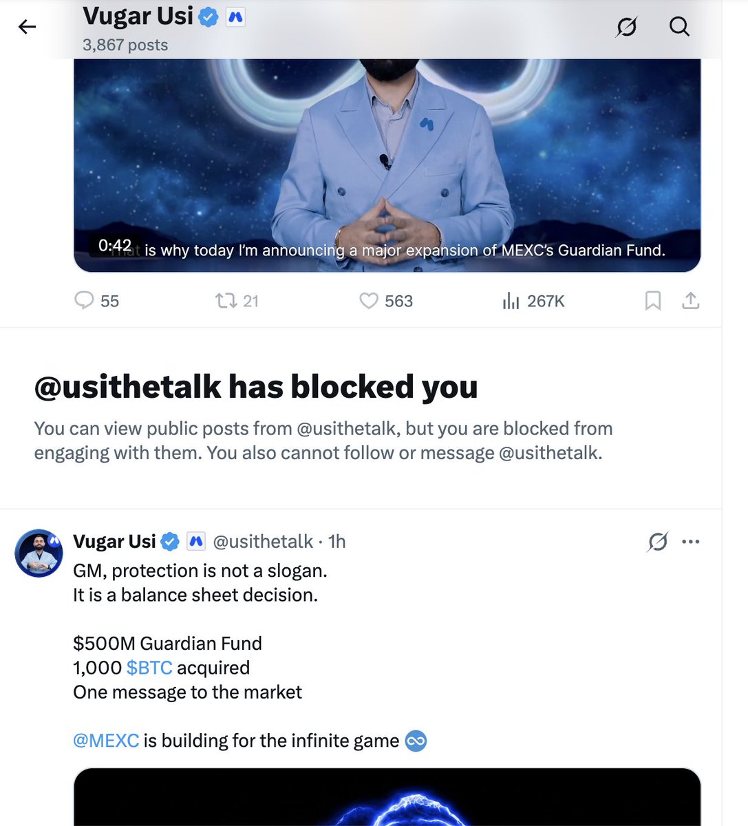 VikingMindsett's tweet photo. "Protection is not a slogan" 😂 @usithetalk literally tweeted this while BLOCKING ME for asking for my frozen crypto back! Your $500M "Guardian Fund" is just stolen retail deposits! You are running a Roach Motel. 🛑🗑️ @MEXC #ReleaseOurFunds #MEXCScam https://t.co/sZO9r75yku