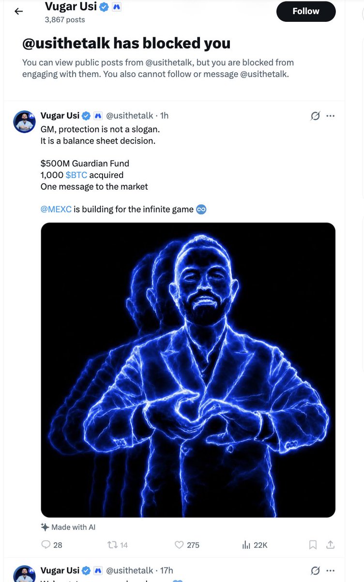 VikingMindsett's tweet photo. "Protection is not a slogan" 😂 @usithetalk literally tweeted this while BLOCKING ME for asking for my frozen crypto back! Your $500M "Guardian Fund" is just stolen retail deposits! You are running a Roach Motel. 🛑🗑️ @MEXC #ReleaseOurFunds #MEXCScam https://t.co/sZO9r75yku