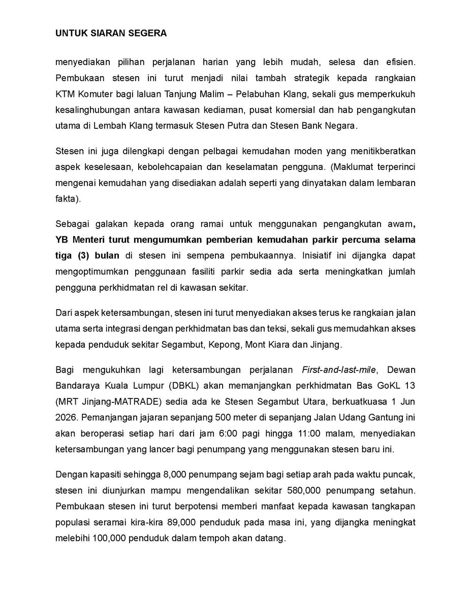 ktm_berhad's tweet photo. KENYATAAN MEDIA - PERLANCARAN PROJEK STESEN KERETAPI SEGAMBUT UTARA, MENINGKATKAN KETERSAMBUNGAN, MENGURANGKAN KESESAKAN LEMBAH KLANG https://t.co/0dX7WSoUSL