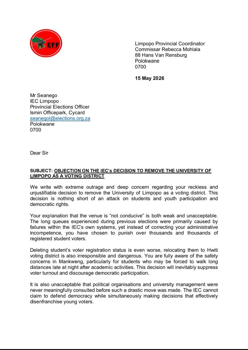 EFF_Limpopo's tweet photo. ♦️Media Alert♦️

THE EFF LIMPOPO HAS WRITTEN A LETTER TO  THE IEC CONDEMNING IT'S POLITICALLY MOTIVATED ATTACK ON STUDENTS VOTERS AT THE UNIVERSITY OF LIMPOPO.

#REGISTERTOVOTEEFF.ORG.ZA https://t.co/HYM96PsDxc