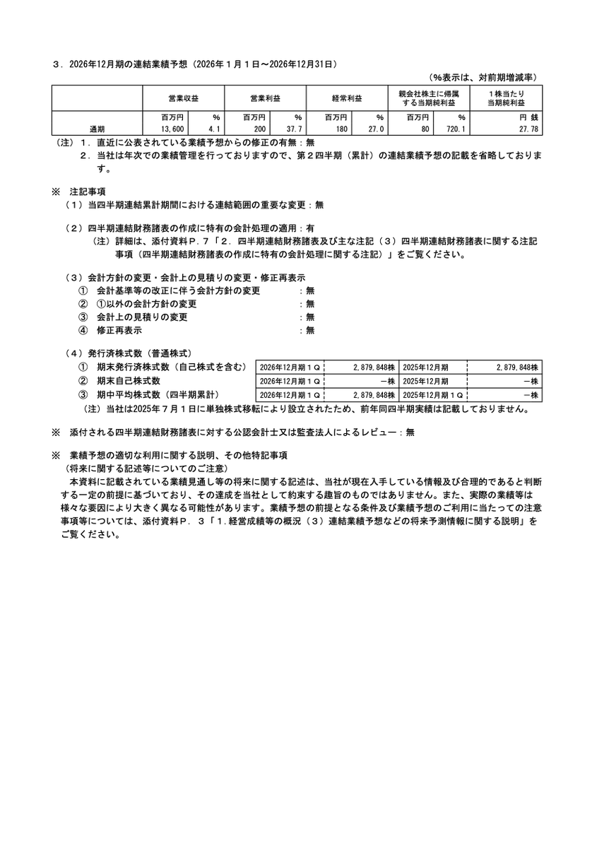 参考資料 2026年12月期 第1四半期決算短信〔日本基準〕(連結)