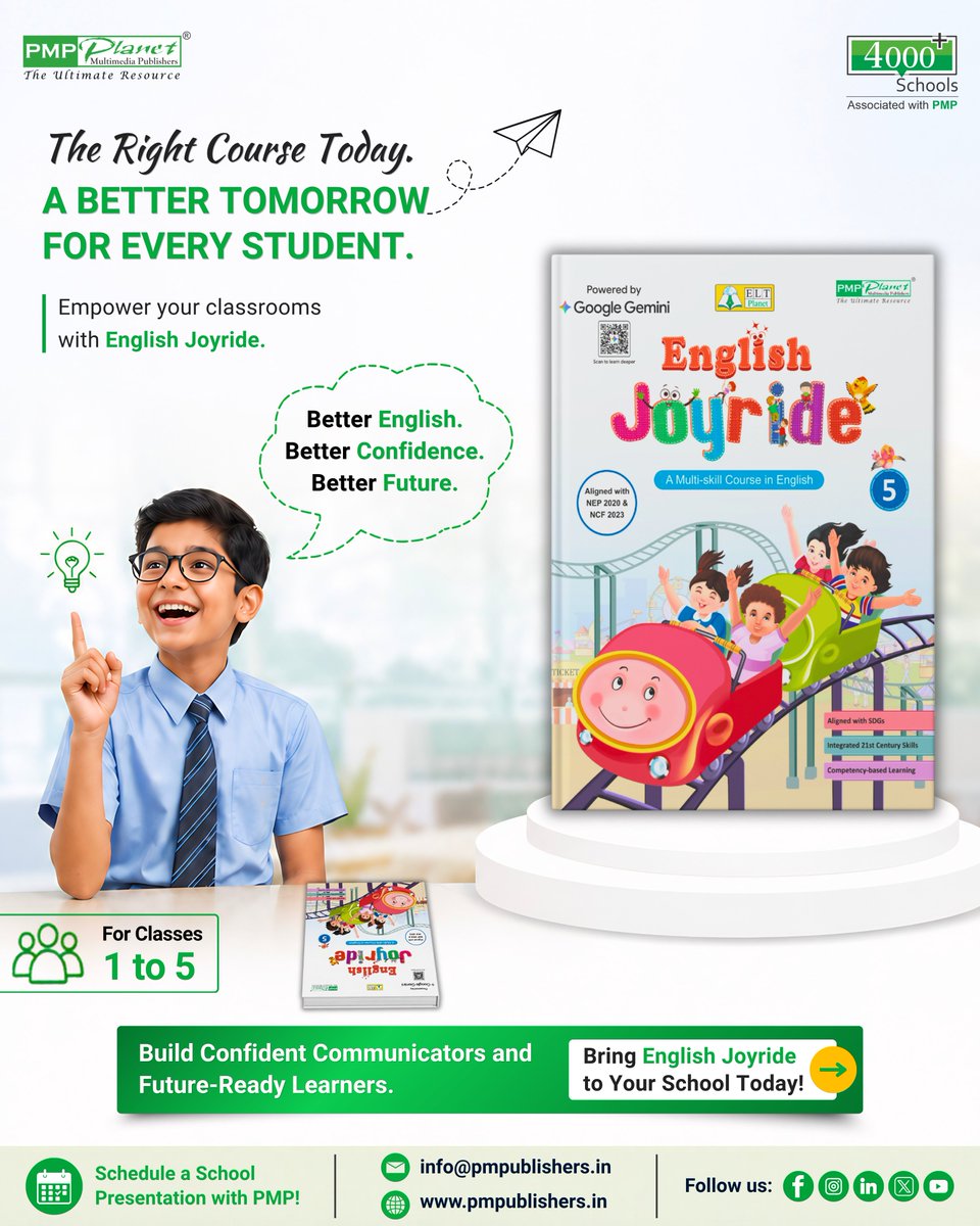 PmPublishers's tweet photo. The right English learning experience can shape a child’s future.

Introducing English Joyride by PM Publishers.
A future-ready English course for Classes 1 to 5 designed to build confident communicators, strong readers, and expressive writers.

📧 info@pmpublishers.in

#PMP https://t.co/nh2q2Y0SHX