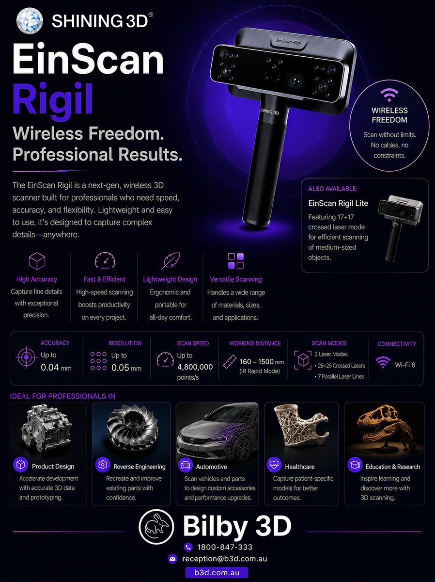 Bilby3D's tweet photo. Product Highlight!
Meet the EinScan Rigil — a powerful wireless 3D scanner built for professionals who need speed, flexibility, and accurate scan data on the go. 🔥 https://t.co/06VmGf3wRA
