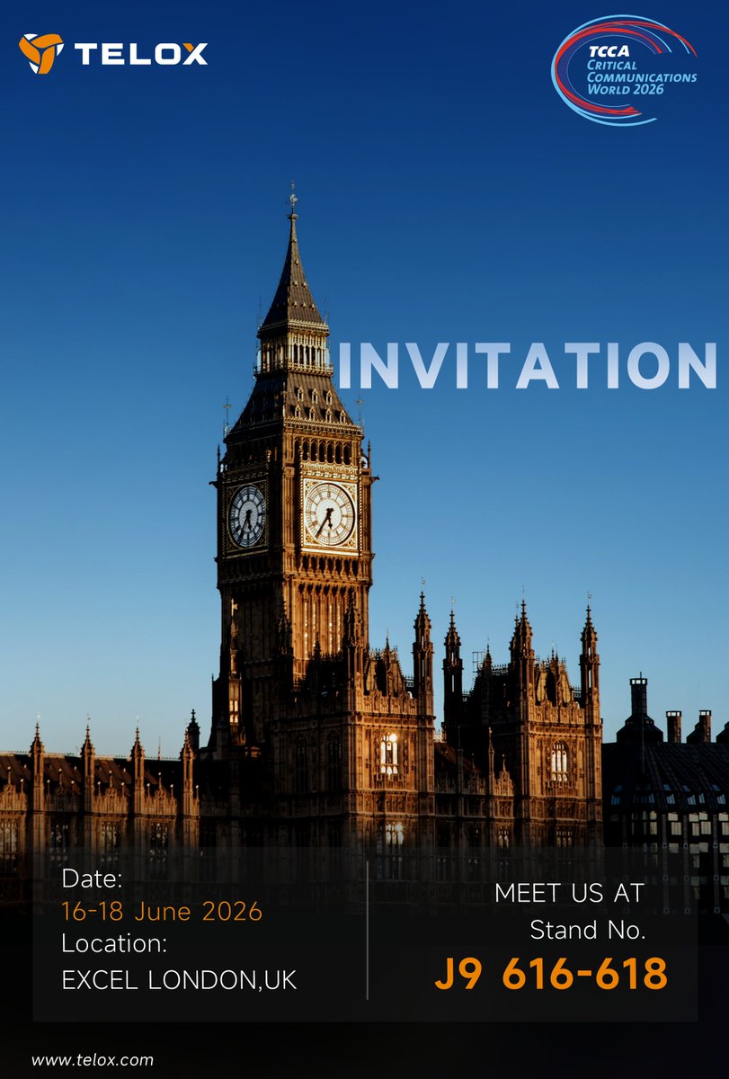 TeloSystems's tweet photo. London, we’re coming 🇬🇧

Telox will be exhibiting at TCCA Critical Communications World 2026, showcasing our latest smart communication solutions for public safety, transportation, security, and industrial sectors.

📍 Stand No.: J9 616-618
📅 16–18 June 2026
📌 EXCEL LONDON, UK https://t.co/hPxZ0ceNEw