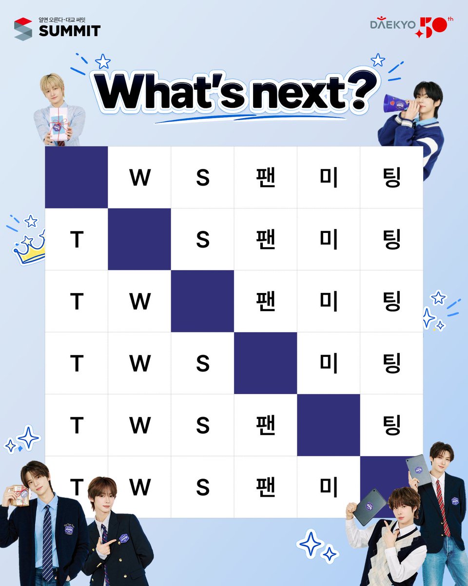 summit_star_run's tweet photo. ✨ What’s next? ✨
스타런 회원들을 위해 준비된 
다음 혜택은 과연 무엇일까요? 👀
 
빈칸에 들어갈 정답을 댓글로 남겨주세요!
 
TWS의 응원과 함께 공부하는
대교 써밋 스타런💯🔥

지금 시작하고 
매월 찾아오는 특별한 선물과
팬미팅 기회까지, 놓치지 마세요!
 
#스타런 #TWS #대교스타런 #대교써밋스타런 #팬미팅